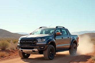 Pick-up low-cost 2026 garé sur une piste gravillonnée en paysage semi-aride, vue 3/4 avant mettant en valeur la calandre robuste et la finition grise mate