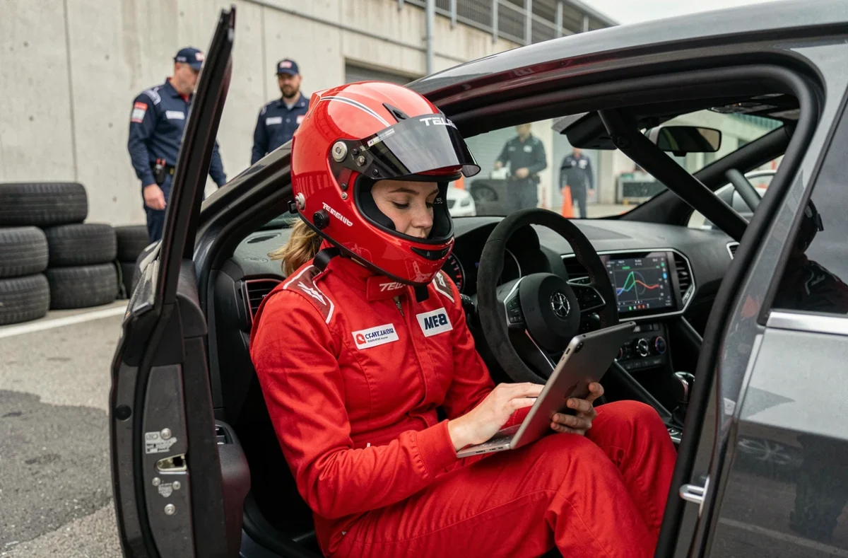 Pilote d'essai féminine analysant les données de tenue de route dans le cockpit d'une berline de performance