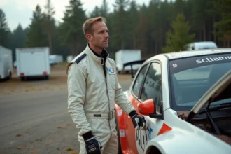 Homme rallye en combinaison examine une voiture d'occasion