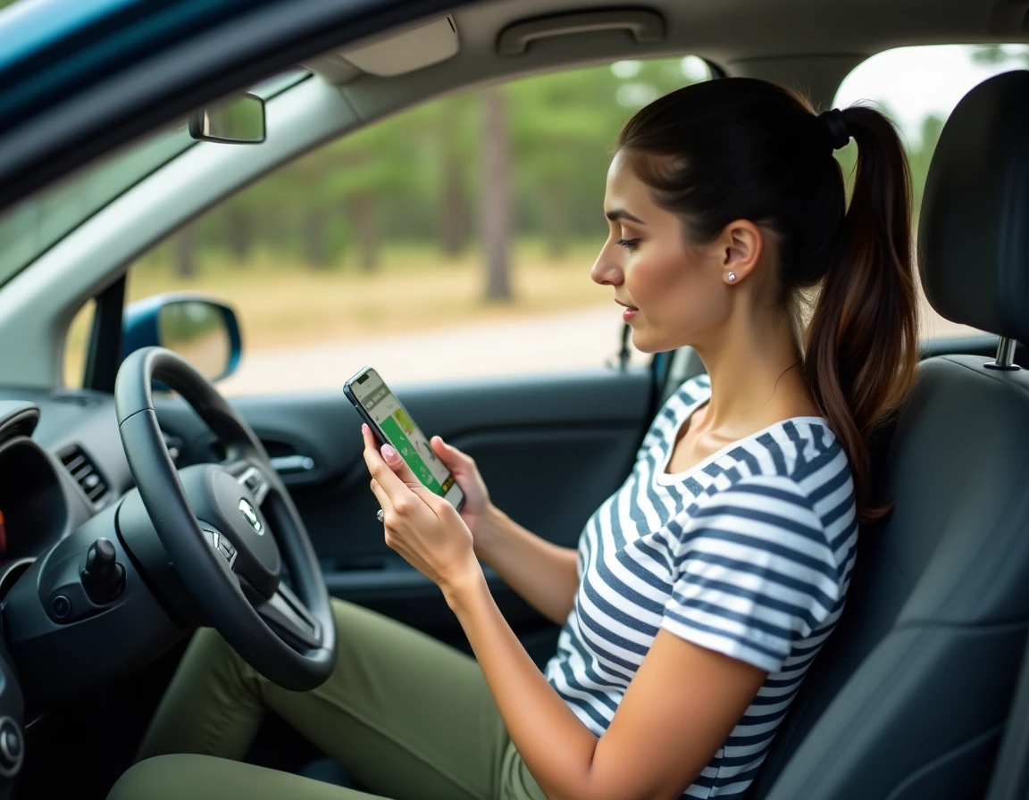 Femme planifiant son itinéraire road trip avec les stations E85 sur son smartphone
