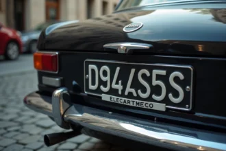 Plaque d'immatriculation noire style vintage sur une berline européenne classique garée dans une rue pavée française