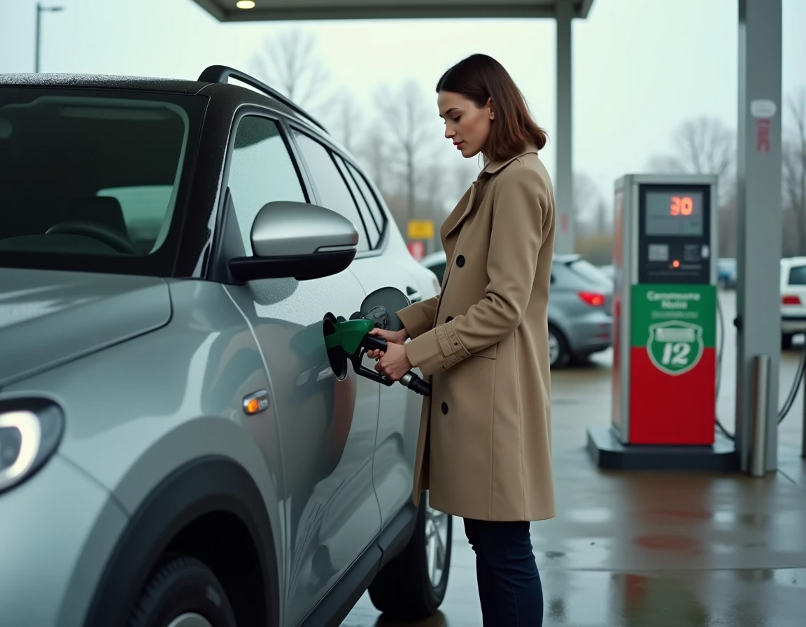Femme faisant le plein de carburant d'un Citroën C3 Aircross dans une station-service française en milieu urbain