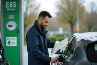 Homme faisant le plein d'E85 à une station éthanol lors d'un road trip en France