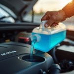 Mécanicien versant de l AdBlue dans le réservoir d une voiture moderne
