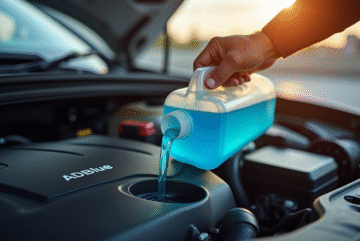 Mécanicien versant de l AdBlue dans le réservoir d une voiture moderne