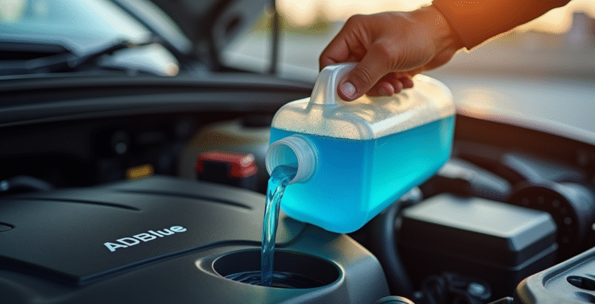 Mécanicien versant de l AdBlue dans le réservoir d une voiture moderne