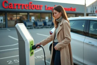 Femme branchant un câble de recharge Type 2 sur une borne de recharge électrique dans un parking Carrefour