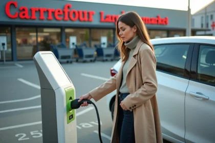 Femme branchant un câble de recharge Type 2 sur une borne de recharge électrique dans un parking Carrefour