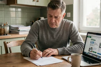 Homme rédigeant une lettre de résiliation d'assurance scooter à la main dans une cuisine