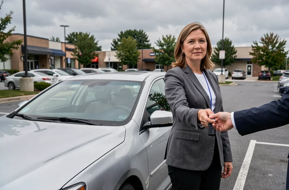 Femme remettant les clés de sa voiture à un acheteur lors d'une transaction de vente automobile