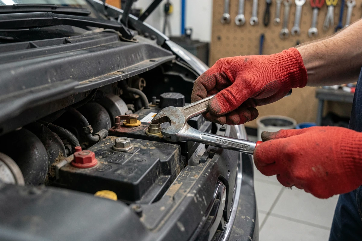 Gros plan sur le remplacement de la batterie d'une Renault avec clé à molette, erreur 1525F3 à réinitialiser