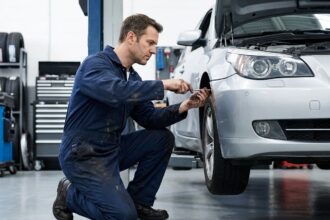 Technicien automobile remplaçant un phare avant sur une berline argentée dans un garage professionnel
