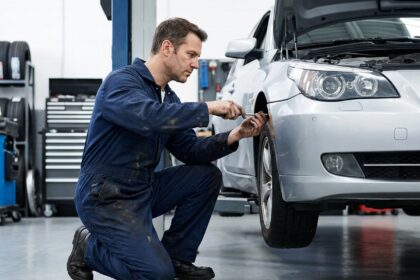Technicien automobile remplaçant un phare avant sur une berline argentée dans un garage professionnel