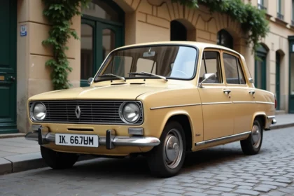 Renault 12 Sedan restaurée et modernisée garée sur des pavés parisiens, vue trois quarts avant mettant en valeur la carrosserie beige et les chromes polis