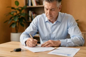 Homme signant les documents de résiliation d'assurance auto lors de la vente de son véhicule