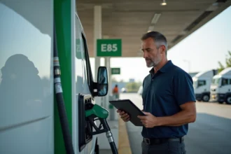 Responsable de flotte examinant une pompe E85 dans une station-service moderne avec des véhicules utilitaires en arrière-plan