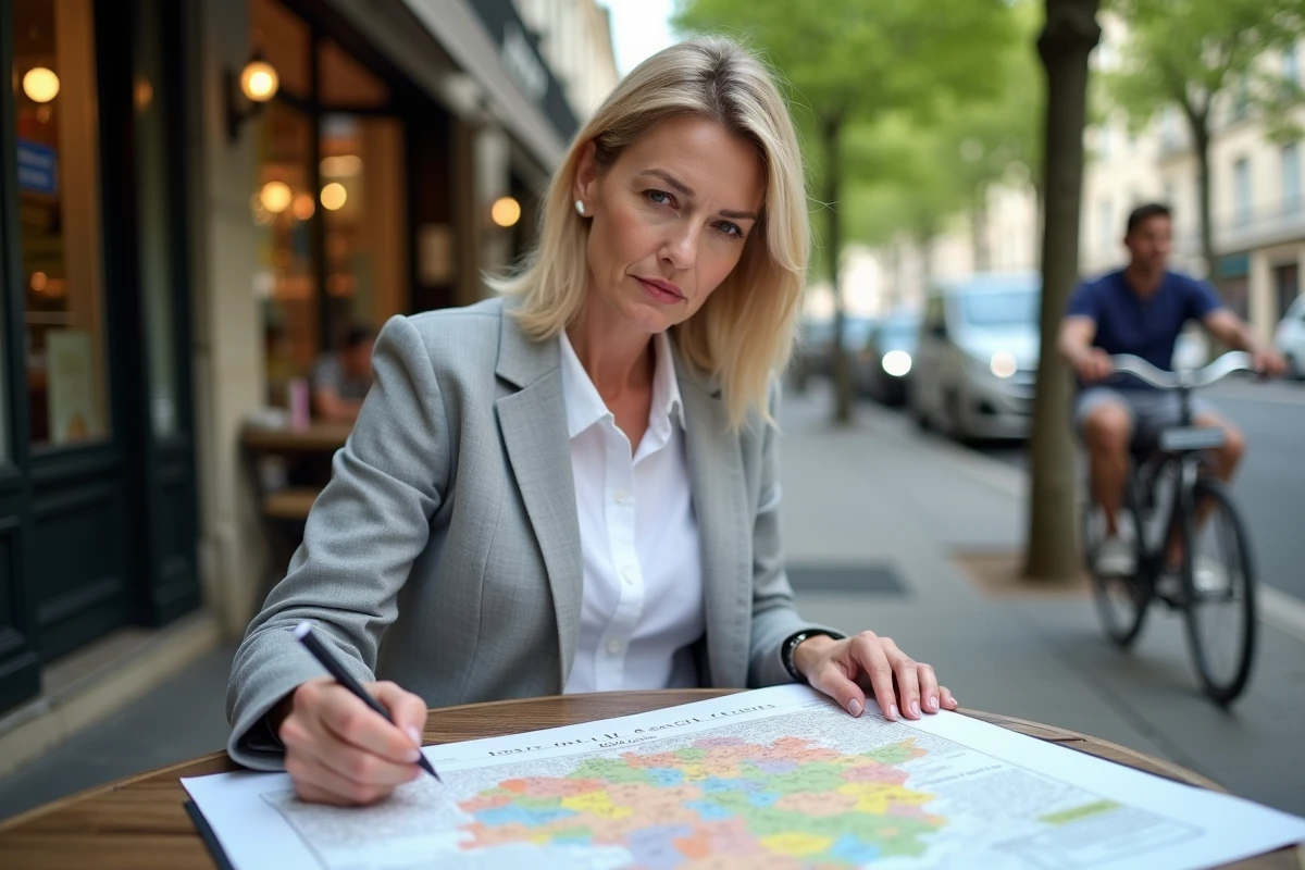 Responsable logistique étudiant une carte des nouvelles zones de livraison réglementées à Paris sur une terrasse de café parisienne