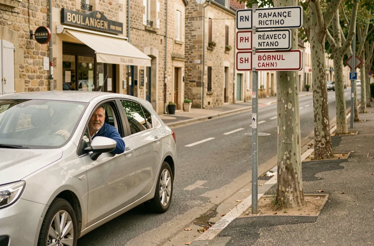 Conducteur regardant un panneau de signalisation sur une route nationale traversant un village français