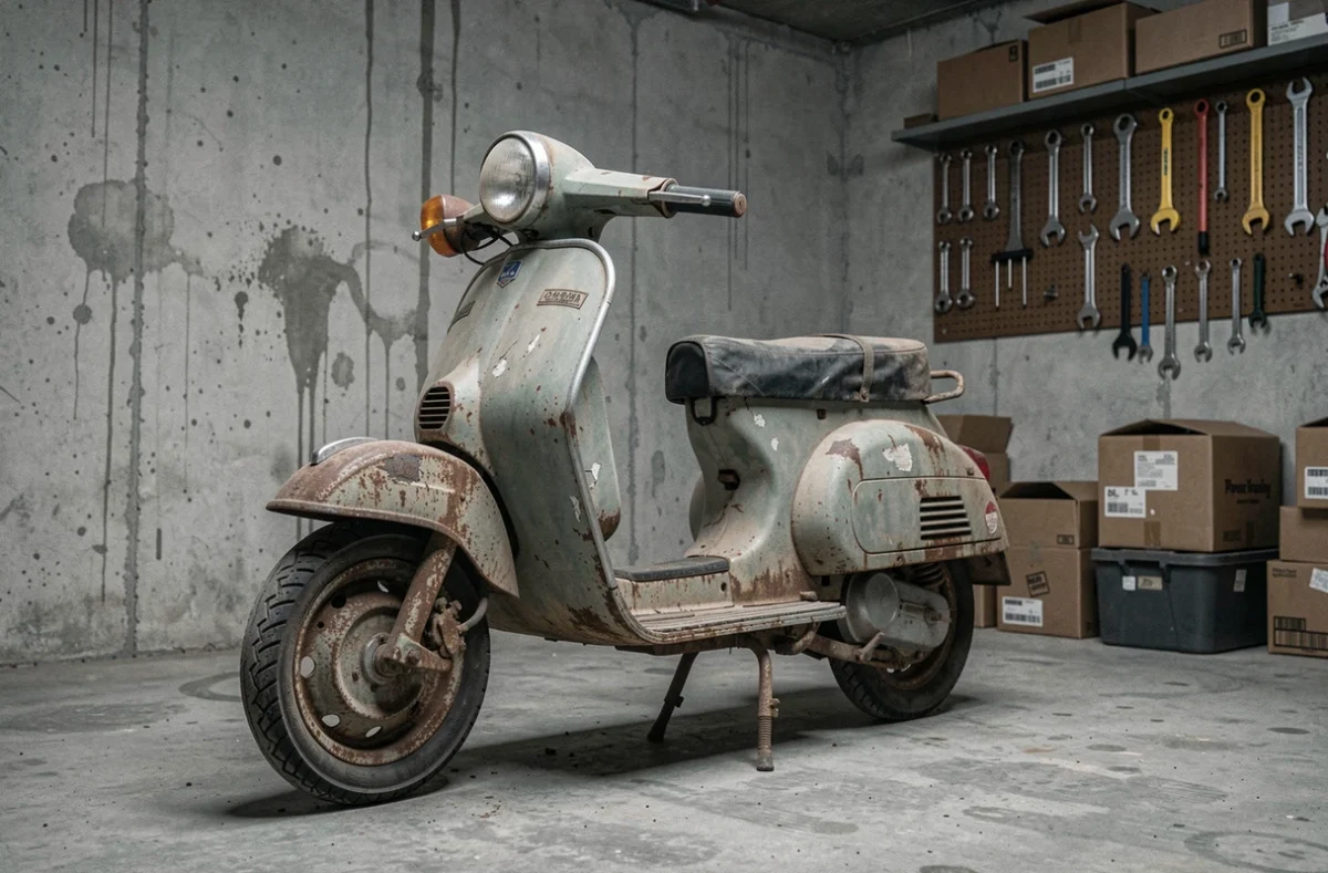 Scooter à l'arrêt dans un garage, hors d'usage, rouillé et inutilisable