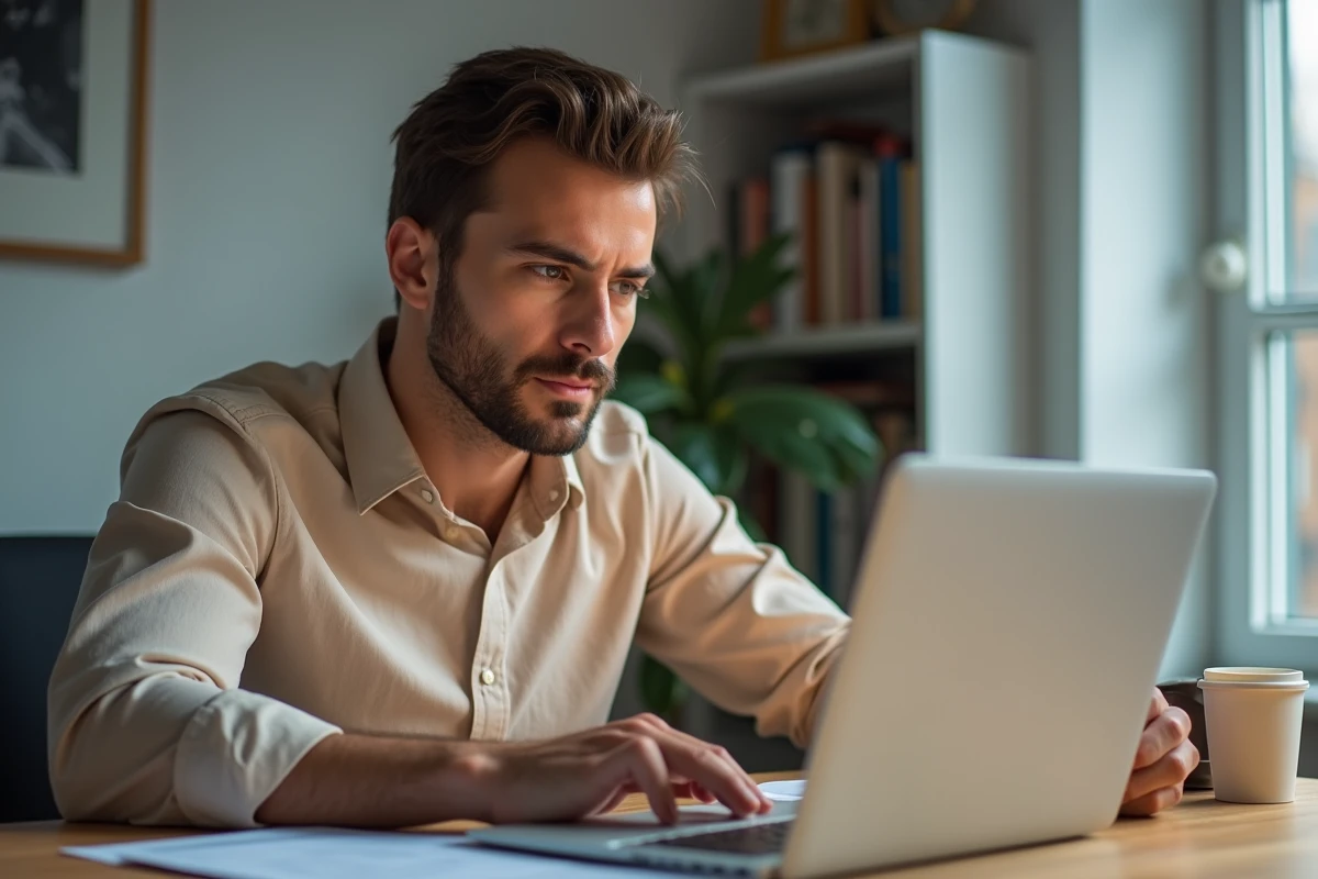 Jeune homme suivant un stage de récupération de points de permis en ligne sur ordinateur portable, avec un code de la route ouvert sur le bureau