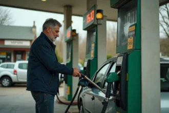 Homme faisant le plein d'essence dans une station-service locale à Roanne, regardant le prix affiché sur la pompe
