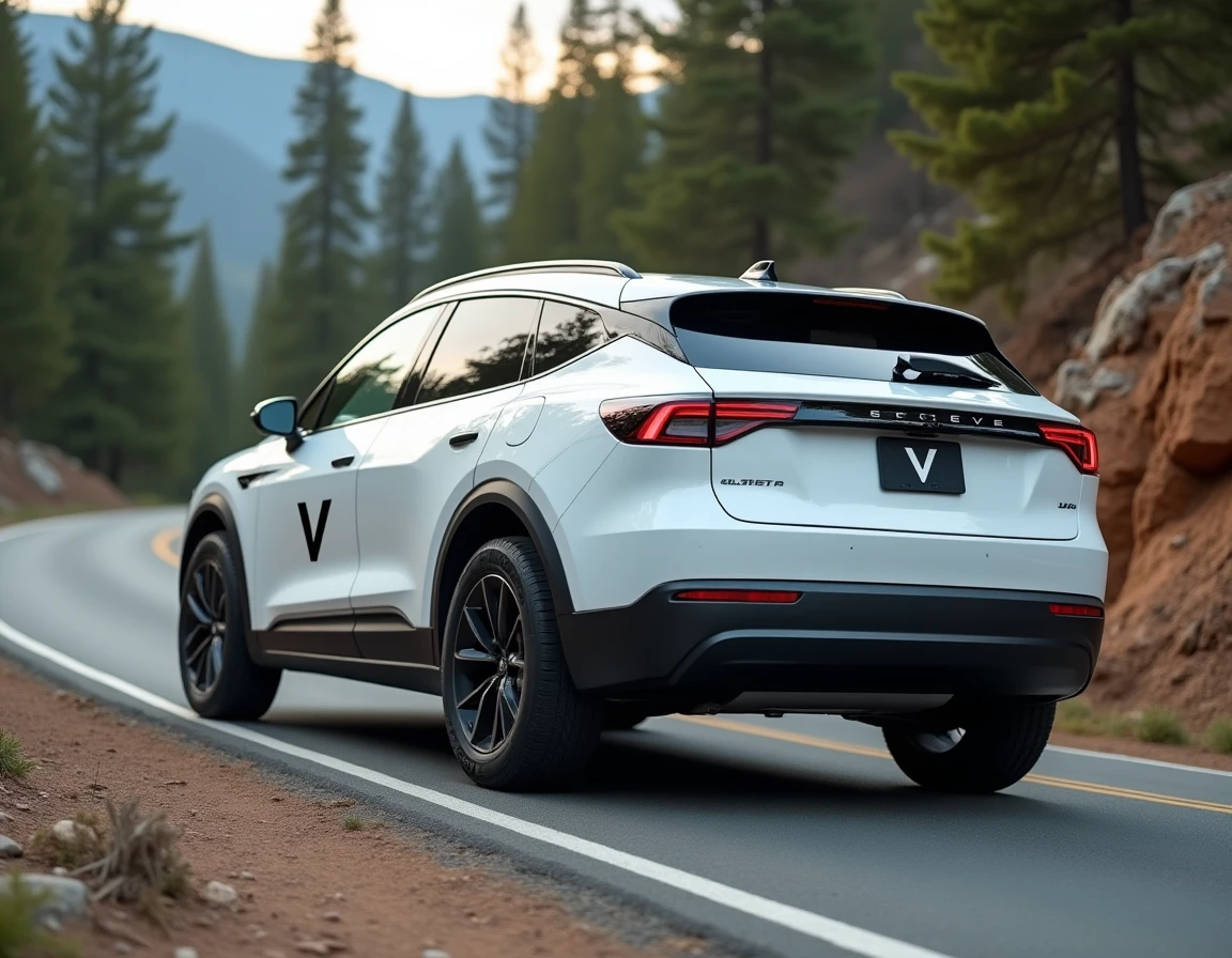 SUV électrique blanc avec logo en V sur une route de montagne entourée de forêts de pins