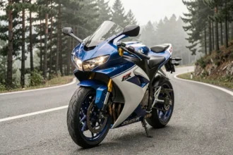 Suzuki GSX-R 750 garée sur une route de montagne sinueuse, vue de face en angle 3/4 bas mettant en valeur les lignes agressives du carénage