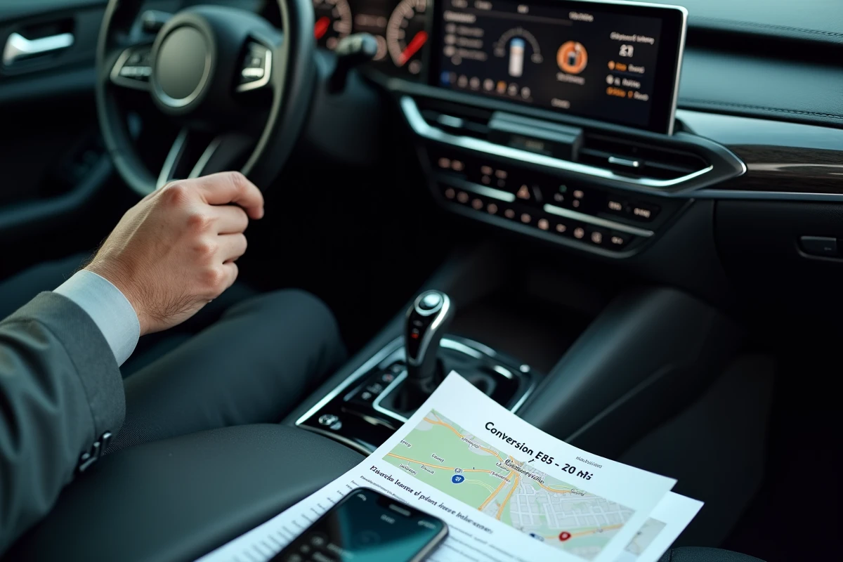 Tableau de bord d'un véhicule de flotte avec documents de conversion E85 et carte des stations bioéthanol sur smartphone