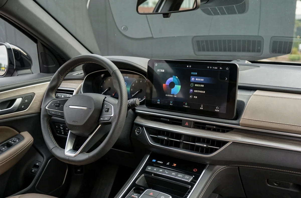 Tableau de bord intérieur haut de gamme d'un véhicule électrique chinois avec écran tactile et finitions premium