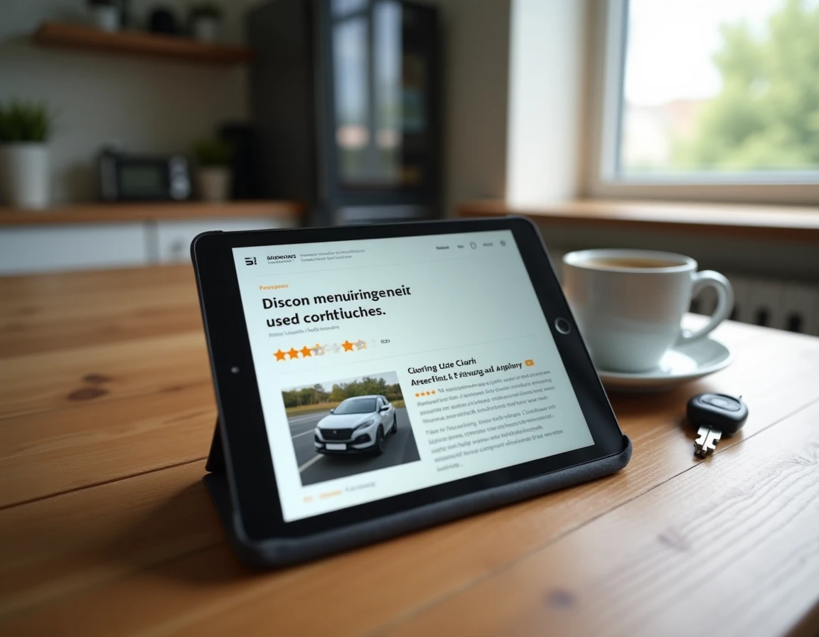 Tablette affichant des avis clients sur un site de voiture occasion avec clés de voiture et café sur une table en bois