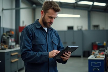 Technicien automobile en atelier avec tablette numérique