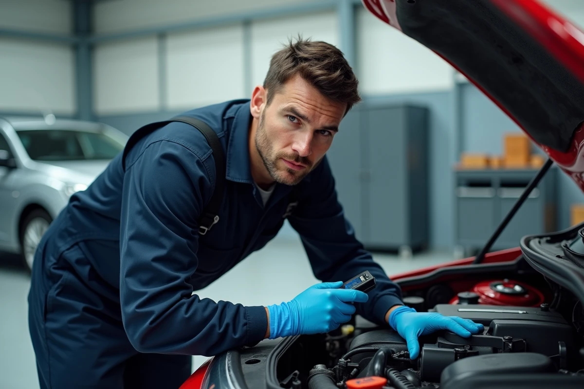 Technicien automobile diagnostiquant un moteur TCe avec outil OBD dans un garage moderne