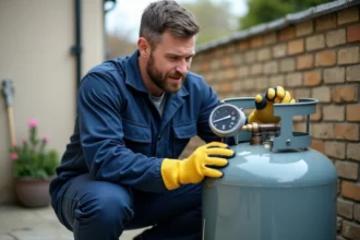 Technicien inspectant une bouteille de gaz BPGA surchauffée sur un patio résidentiel
