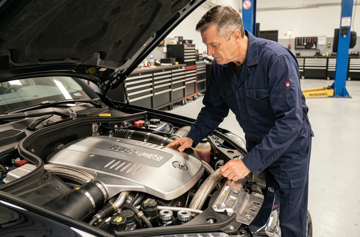 Technicien spécialisé inspectant le moteur Brabus d'une Mercedes-Benz Classe S dans un atelier de préparation haut de gamme