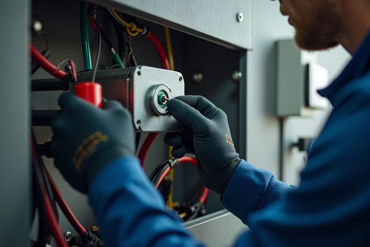 Technicien utilisant un tournevis pour reinitialiser un moteur de porte de garage