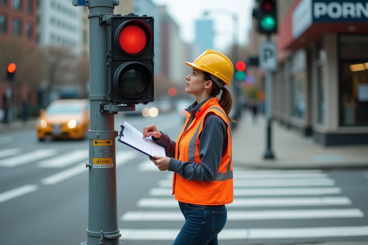 Jeune technicienne de la circulation vérifiant un radar urbain