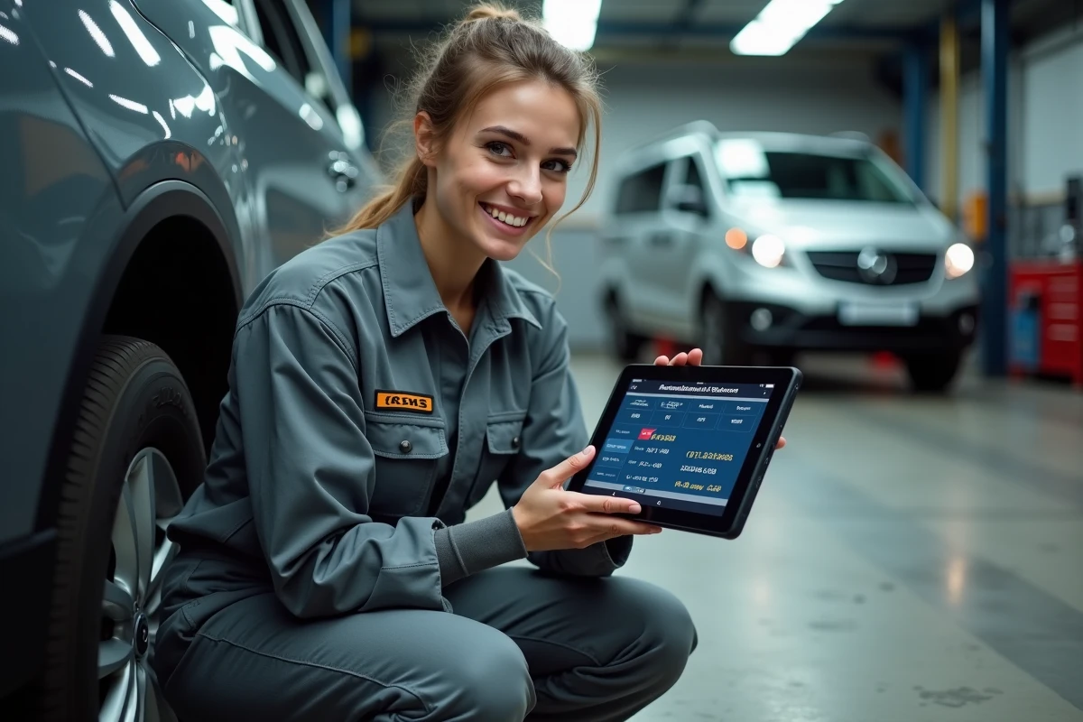 Technicienne automobile effectuant un diagnostic de conversion E85 sur un véhicule de flotte dans un atelier professionnel