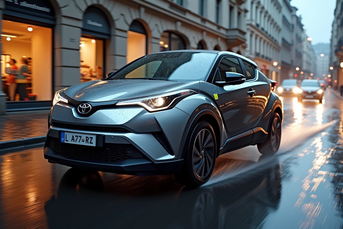 Toyota C-HR 2026 en circulation sur une rue urbaine pavée et mouillée en ville européenne, reflets sur le sol et design moderne mis en valeur