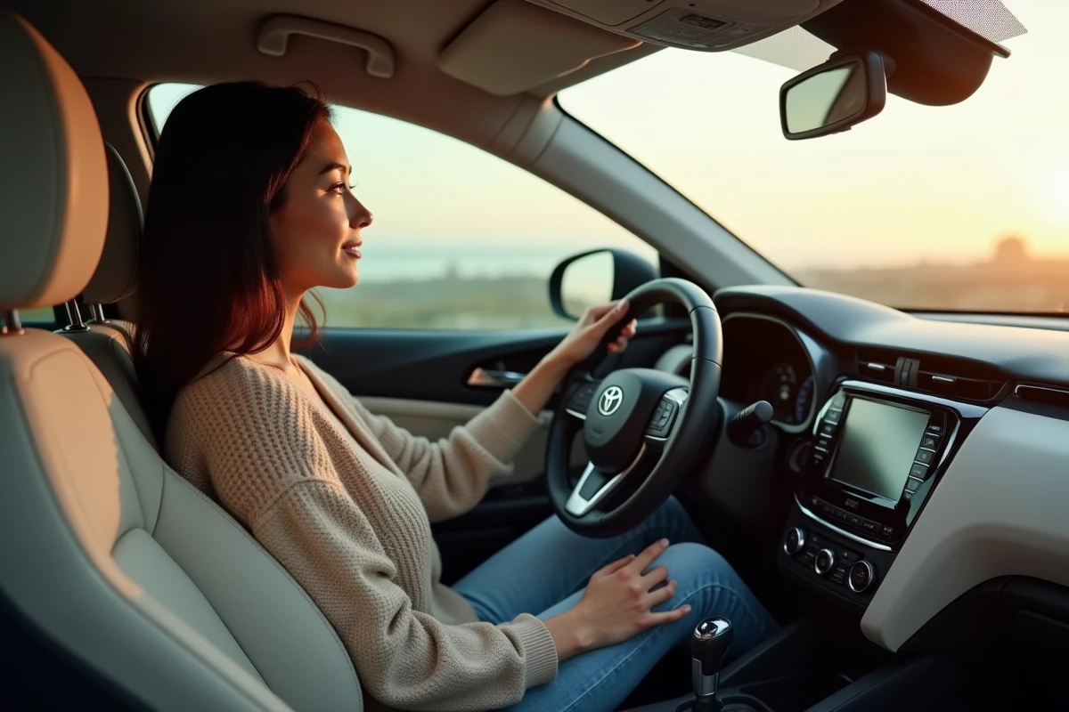 Intérieur du Toyota C-HR 2026 avec une conductrice au volant, tableau de bord moderne et toit panoramique, ambiance quotidienne confortable