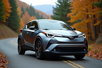 Toyota C-HR 2026 garé sur une route de montagne en automne, vue 3/4 avant mettant en valeur le design sculptural et la ligne de toit coupé
