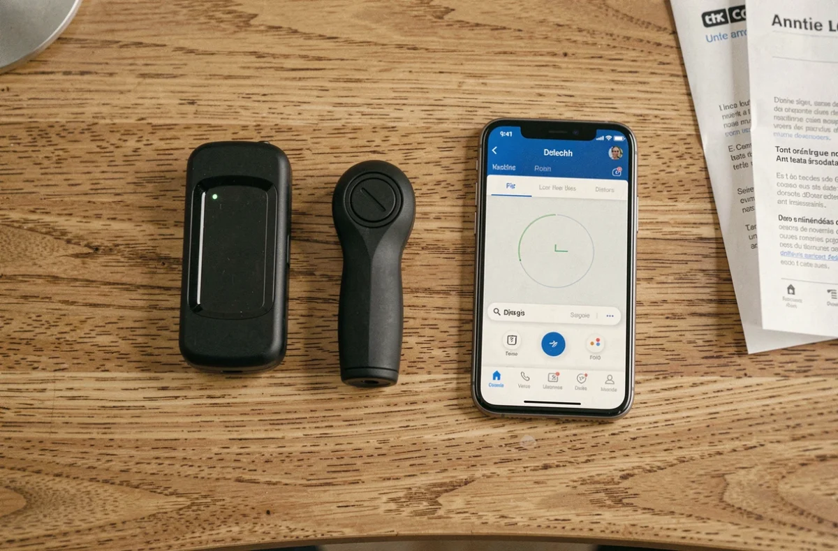 Vue de dessus d'un traceur GPS et d'un détecteur anti-tracking posés sur un bureau en bois avec un smartphone affichant une application de détection