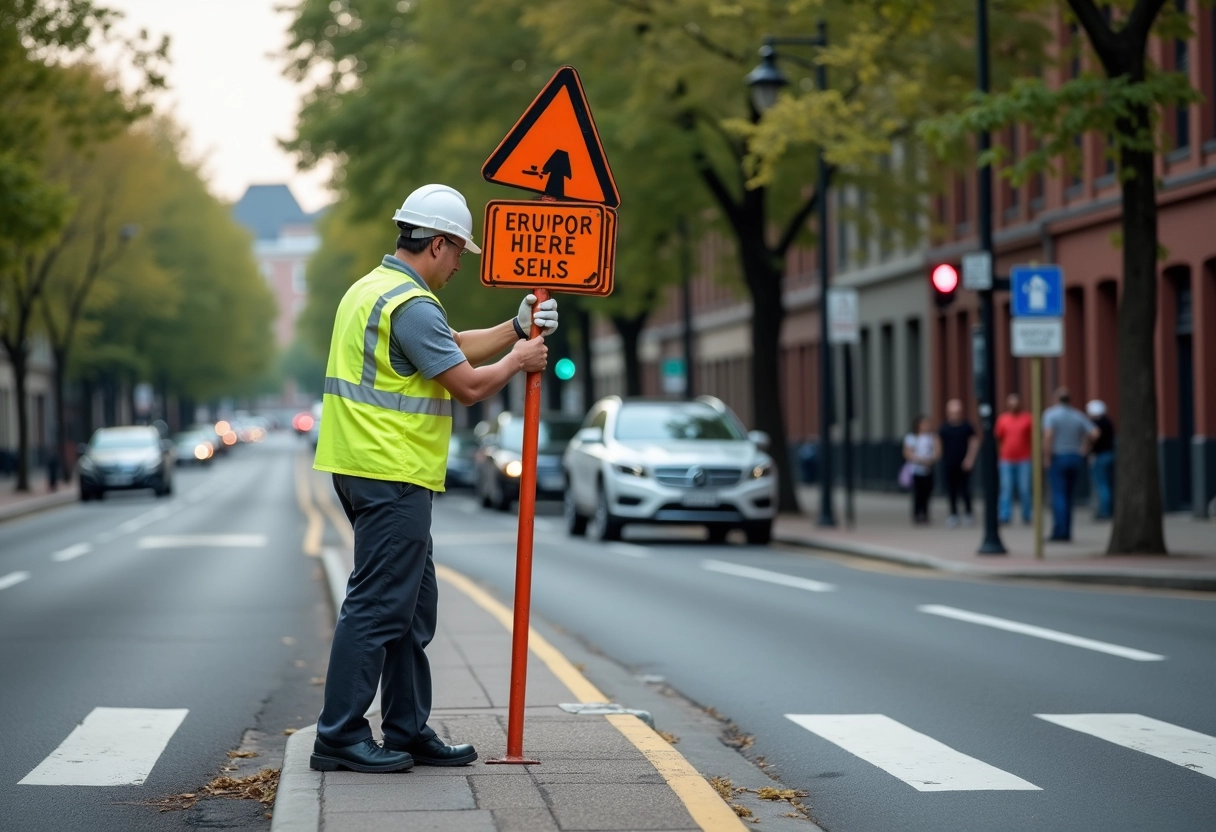 Agent de traffic ajustant un panneau dans la ville