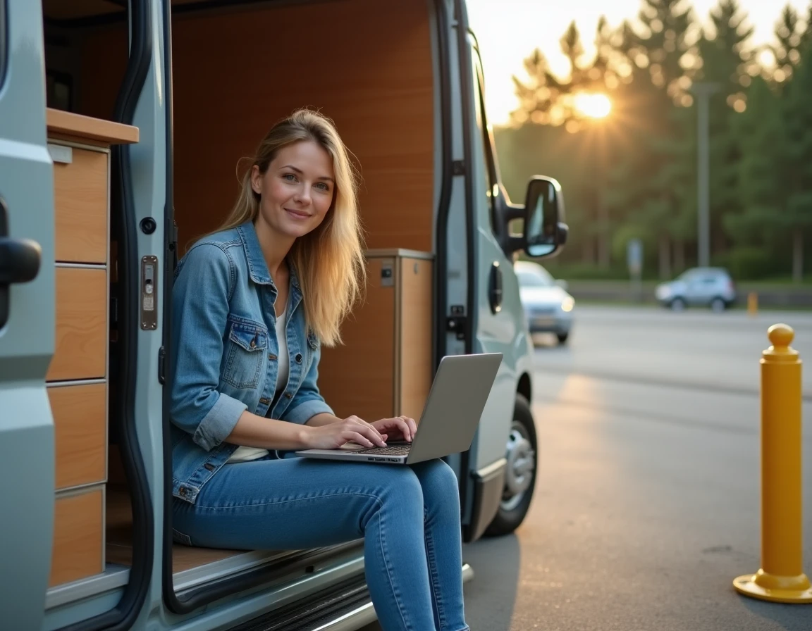 Femme travaillant sur un ordinateur portable depuis l'intérieur d'un van aménagé garé sur une aire gratuite d'autoroute
