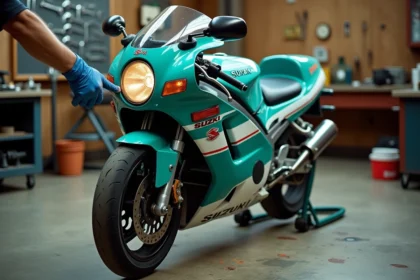Mécanicien inspectant le numéro de série d'une Suzuki GSXR 1100 de 1992 dans un atelier moto pour vérifier son authenticité