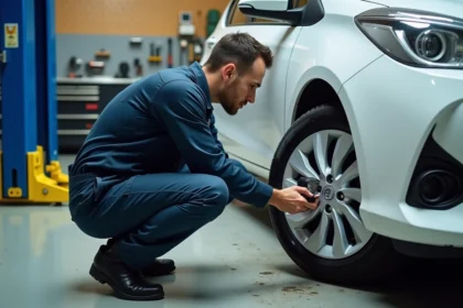 Technicien automobile vérifiant la pression des pneus d'une Toyota Yaris Hybride avec un manomètre numérique dans un atelier de garage