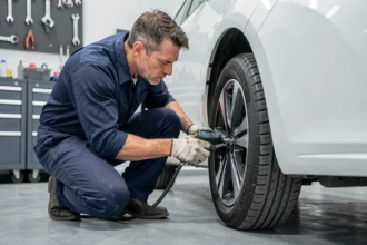 Technicien automobile vérifiant la pression des pneus d'une Toyota Yaris avec un manomètre numérique professionnel dans un garage moderne