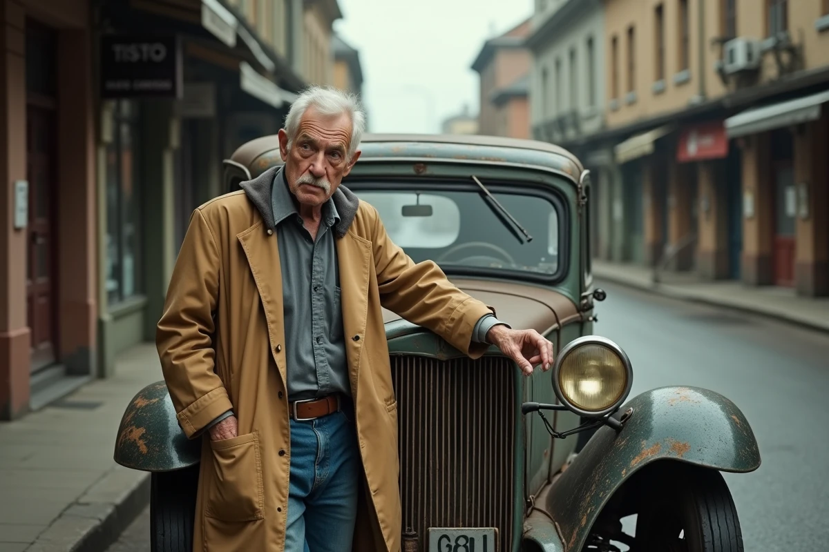 Homme âgé appuyé contre une voiture ancienne en ville