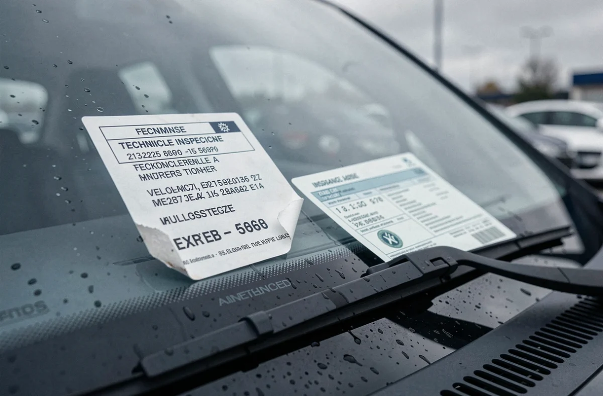 Gros plan sur une vignette de contrôle technique expirée et une attestation d'assurance sur un pare-brise de voiture