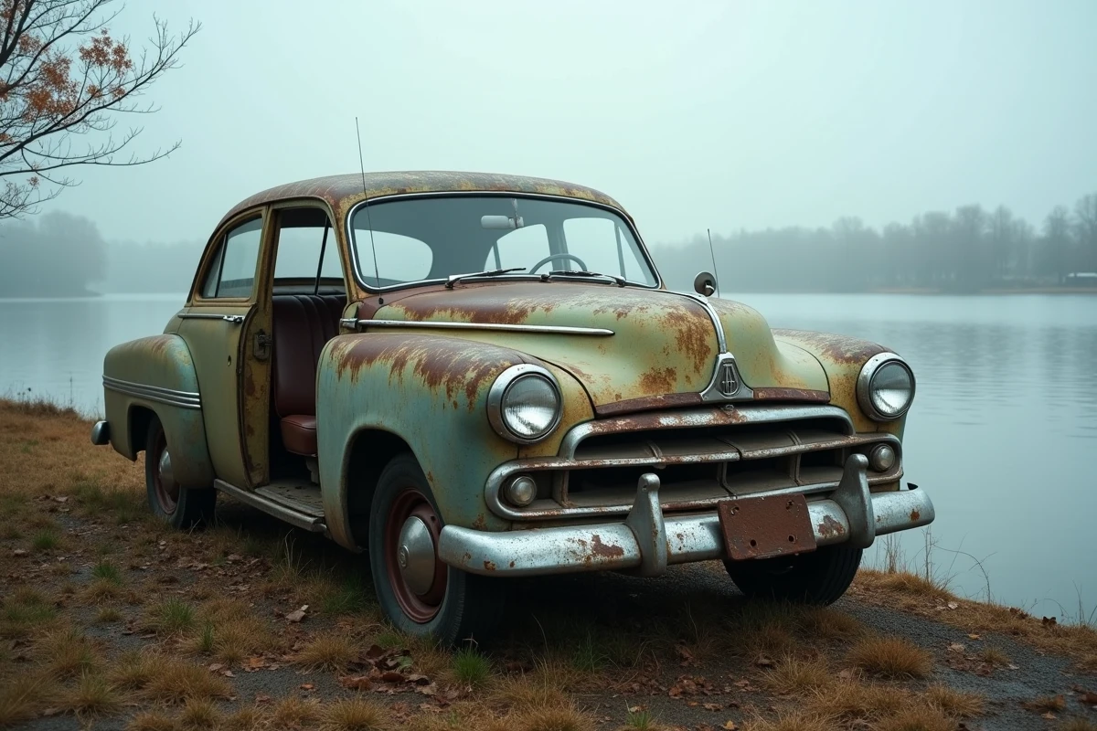 Voiture vintage abandonnée au bord d’un lac brumeux