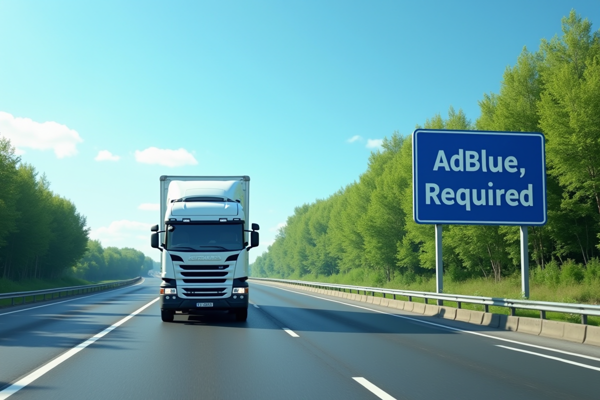 Voiture diesel blanche passant devant panneau AdBlue sur l autoroute